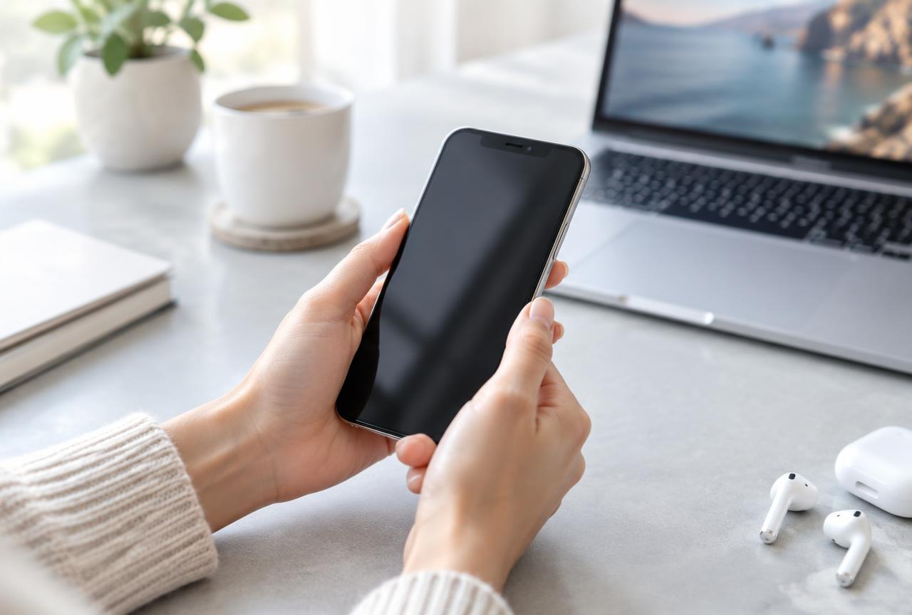 iPhone in hand at a desk